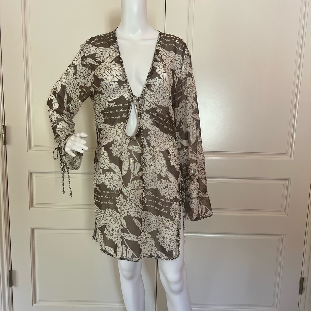 Letarte coverup; dark taupe and Ivory Island motif is embellished with sequins.